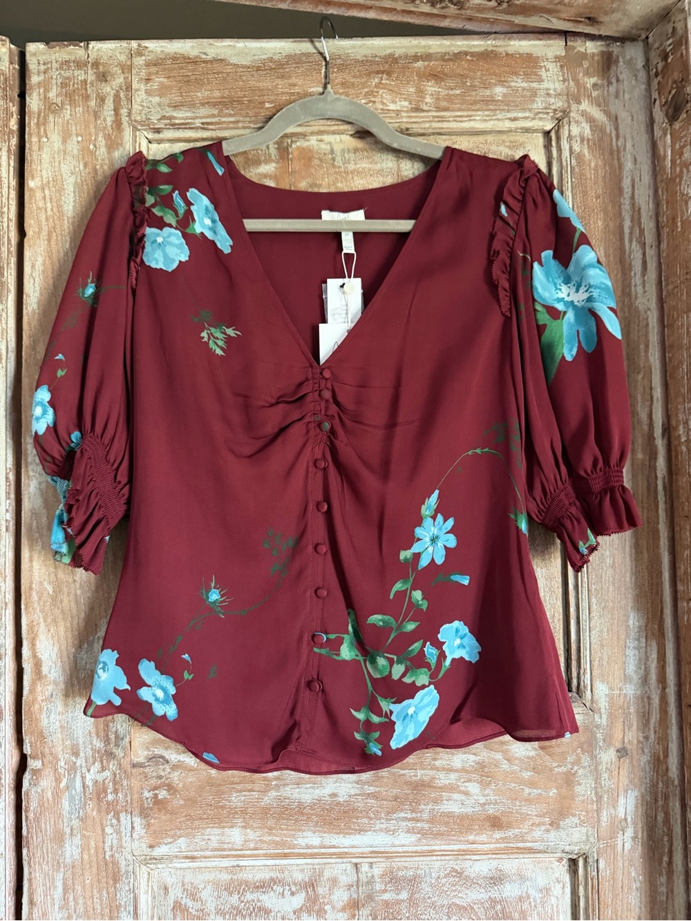 Joie Burgundy Anevy silk Floral V-Neck Puff Sleeve Blouse size M NWT - Picture 3 of 6